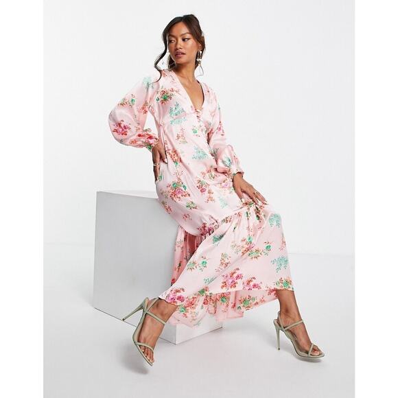 asos Design Pink Tea Dress Floral Babydoll Bust Button Sz 0 Y2K Prairie Festival - Picture 1 of 12